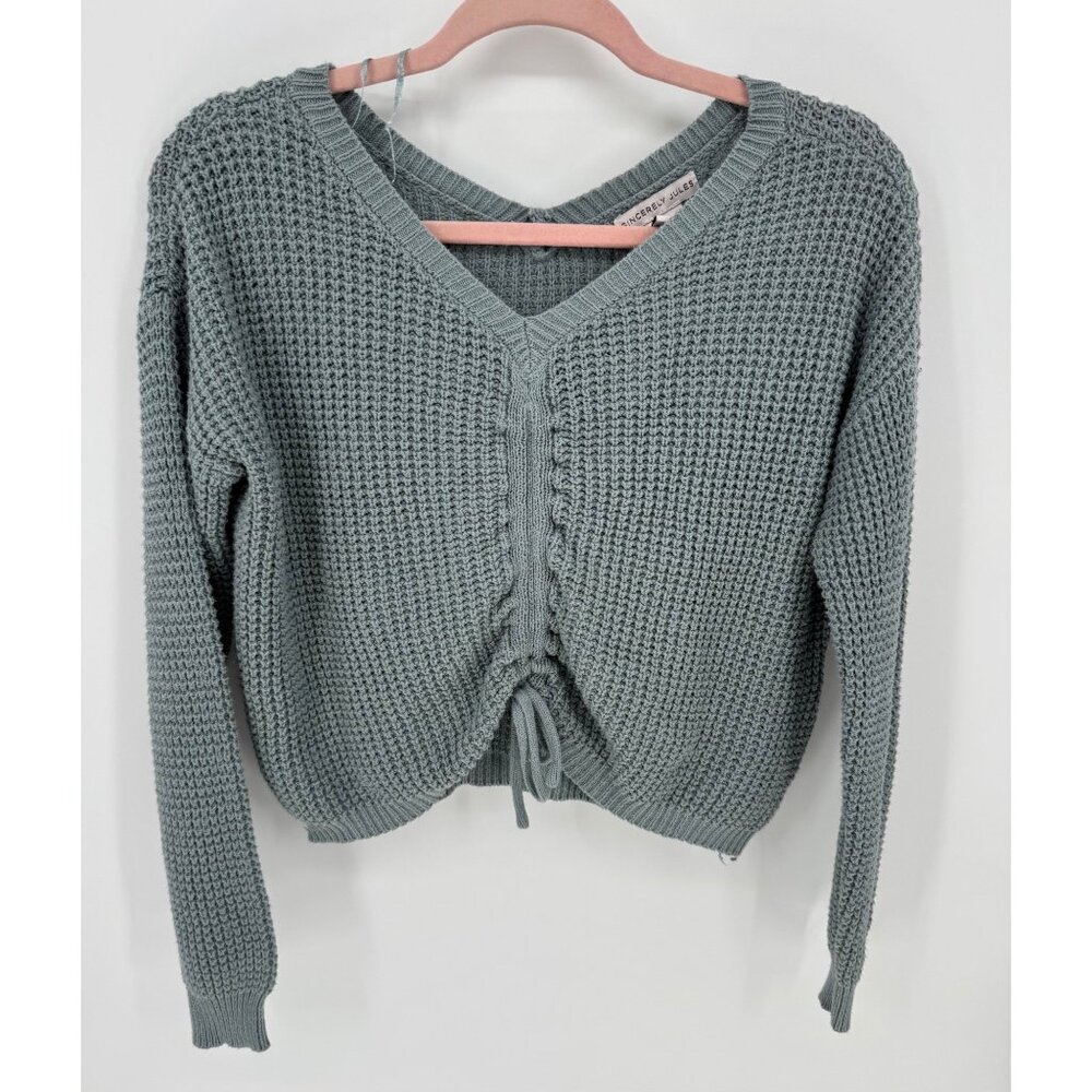 Sincerely Jules V-Neck Crochet Knit Long Sleeve Sage Green Sweater